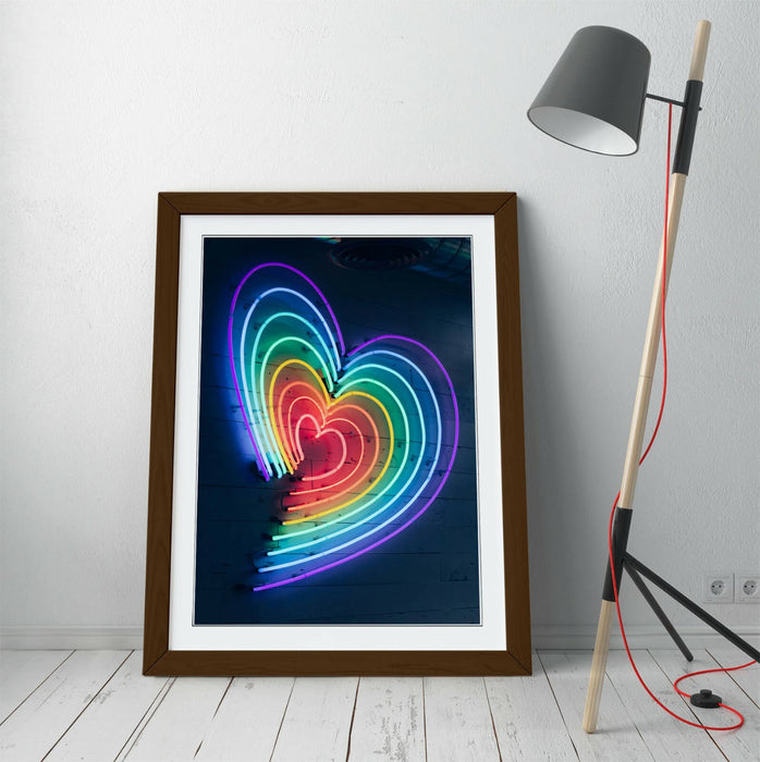 Framed Poster Art - Rainbow Heart Neon Wall Art Prints | MDF Wood Frame Ready To Hang