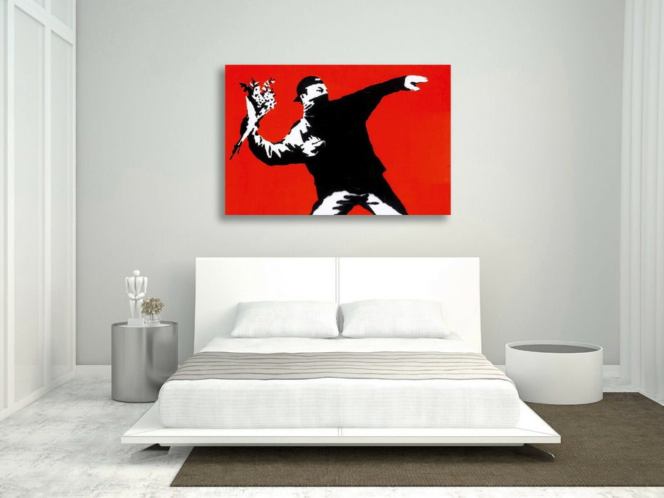BANKSY LOVE IS IN THE AIR FLOWER CANVAS WALL ART PRINT ARTWORK GRAFFITI RED
