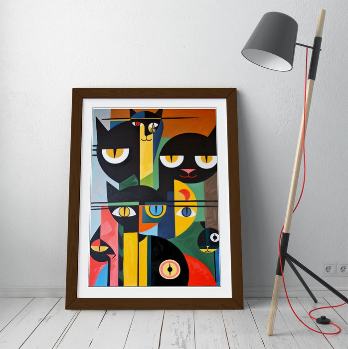 Bauhaus Cat Wall Art – Abstract Cat Poster Framed Wall Decor in Wood Grain Frame