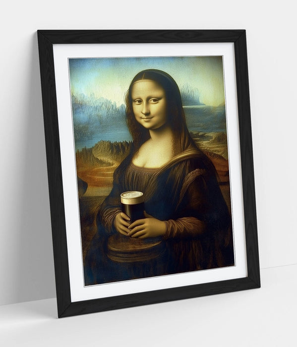 Funny Framed Wall Art – Mona Lisa Holding Pint of Stout | Handmade UK Poster Print