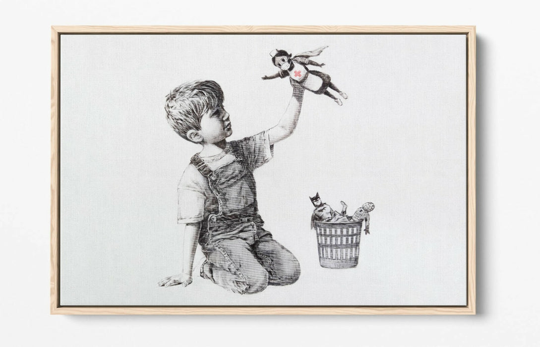 BANKSY SUPER NURSE GAME CHANGER -FLOAT EFFECT CANVAS WALL ART PIC PRINT- GREY