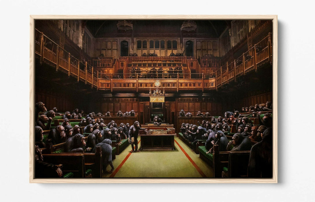 BANKSY, MONKEY PARLIAMENT BROWN SEPIA TONES -FLOAT EFFECT CANVAS WALL ART PRINT