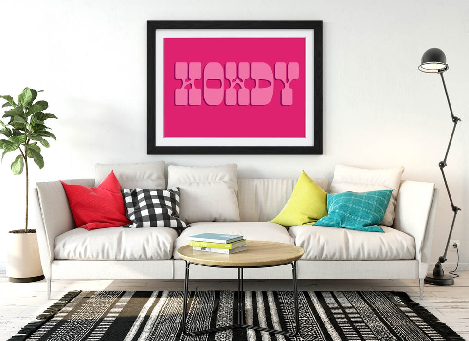 "HOWDY" TRENDY PINK COWBOY QUOTE -FRAMED WALL ART PRINT ARTWORK POSTER