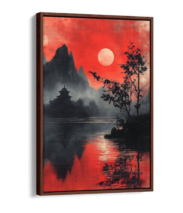 Chinese Landscape Canvas - Float Effect Art on Red Black Handmade Canvas Print