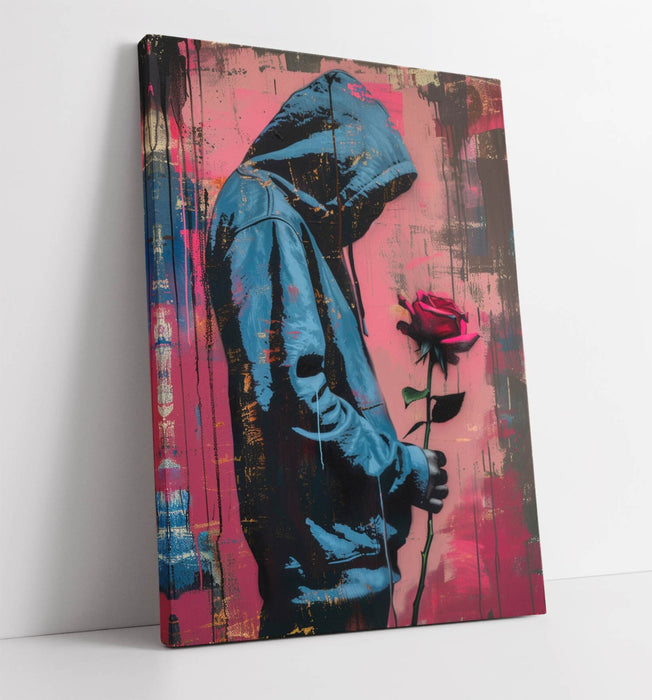Canvas Wall Art - Pink Blue Artwork With Sad Figure & Rose Graffiti Style Print