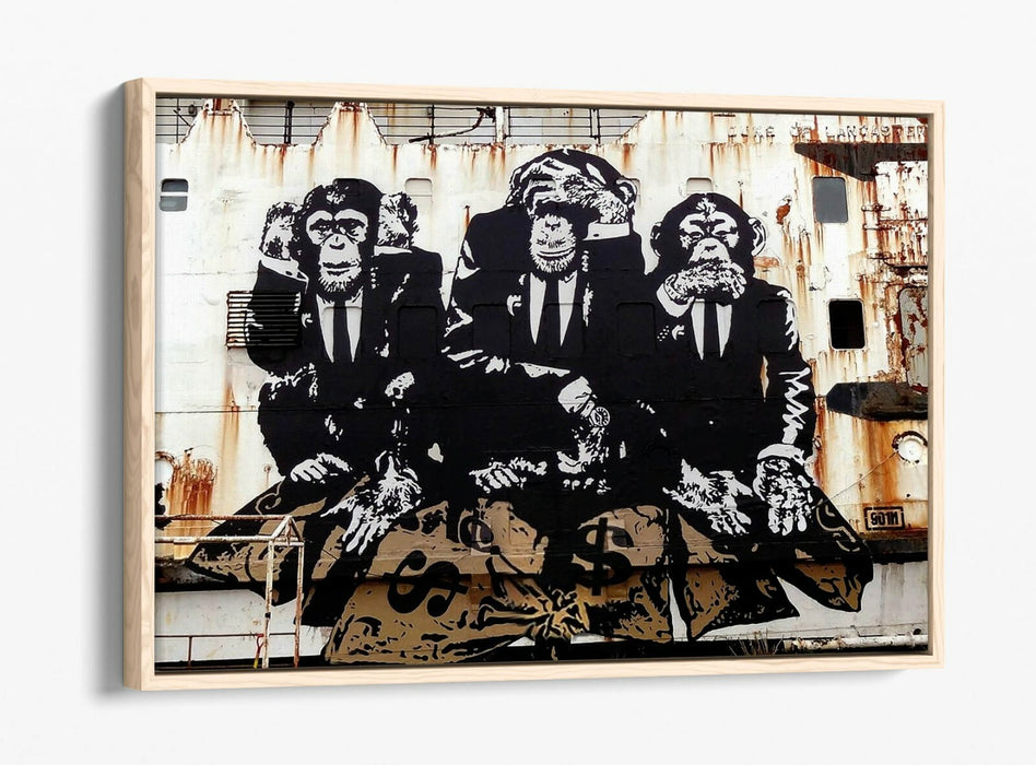 BANKSY 3 WISE MONKEYS -FLOAT EFFECT CANVAS WALL ART PIC PRINT- WHITE BEIGE