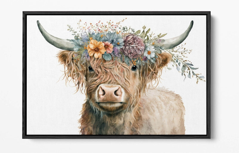 Highland Cow Canvas - Float Effect Canvas Wall Art With Flower Crown Print