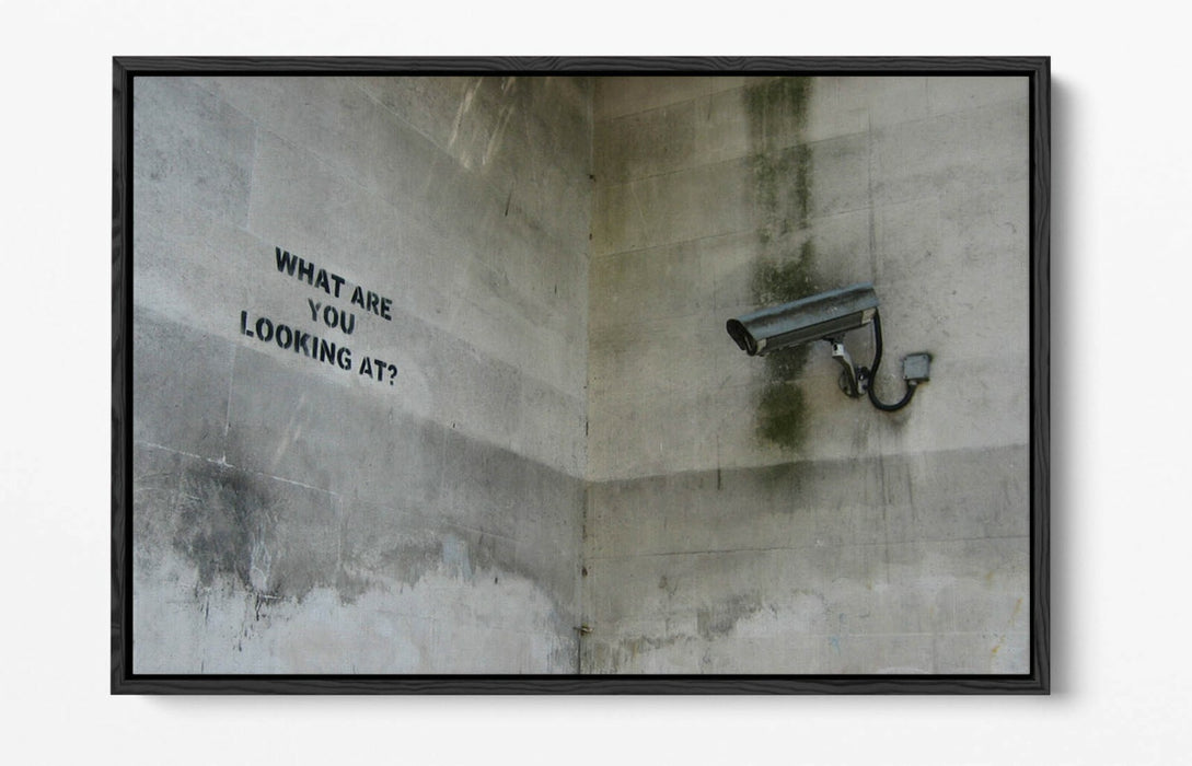 BANKSY WHAT ARE YOU LOOKING AT -FLOAT EFFECT CANVAS WALL ART PIC PRINT- BEIGE