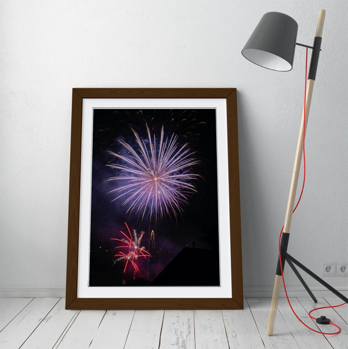 Framed Wall Art – Purple Fireworks Print On Matte Paper Poster | UK Made Frame