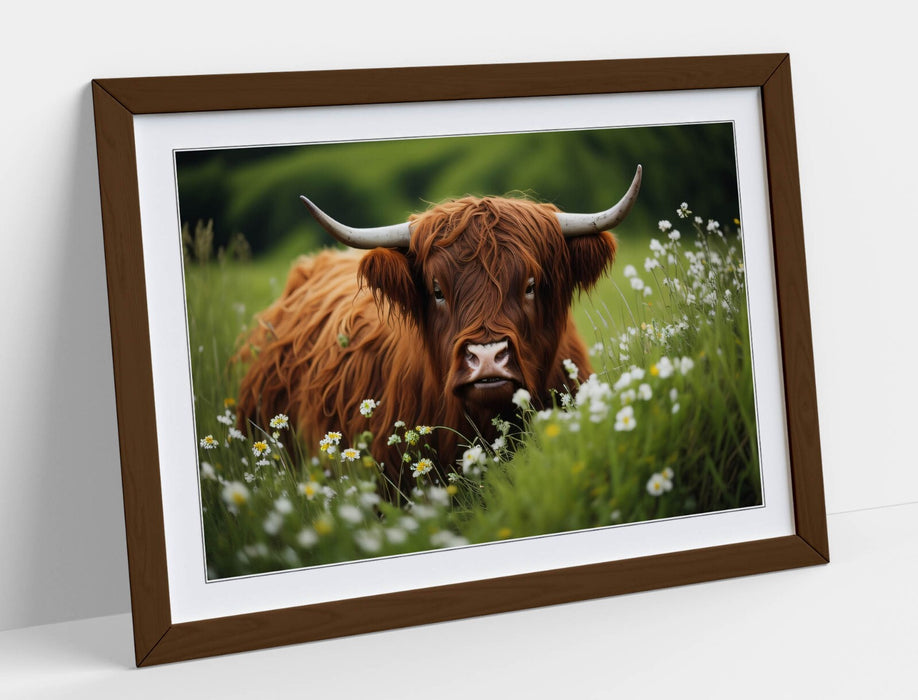 Highland Cow Wall Art – Framed Art Print With Flower Field Poster, Rustic Home Decor