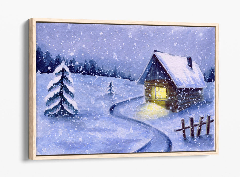 Canvas Wall Art Print – Watercolour Cabin Winter Snow Illustration on Float Effect Canvas