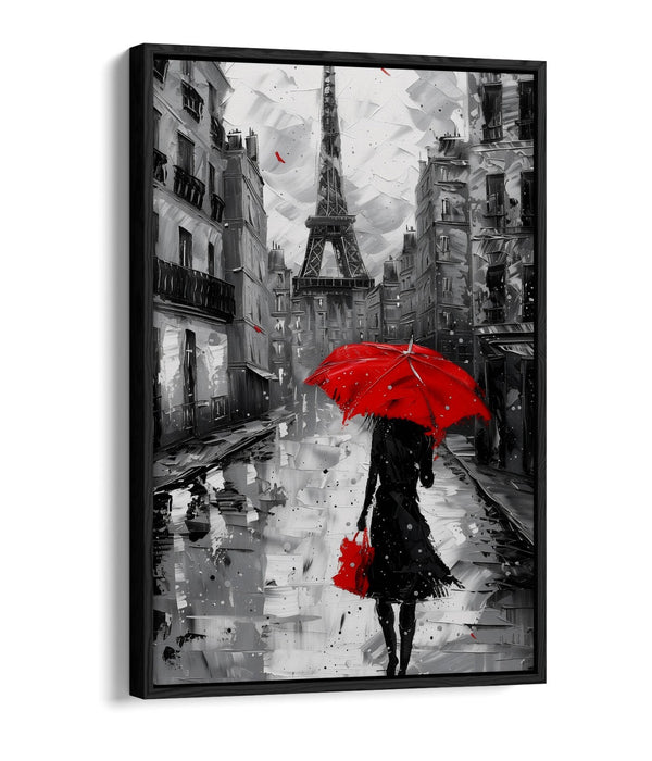 Red Umbrella Canvas - Paris City Black White Print | Handmade Wall Art Float Effect