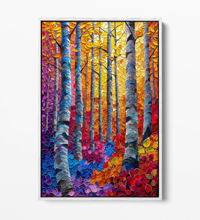 Forest Canvas Art – Multi Colour Birch Tree Wall Art | Float Effect Print