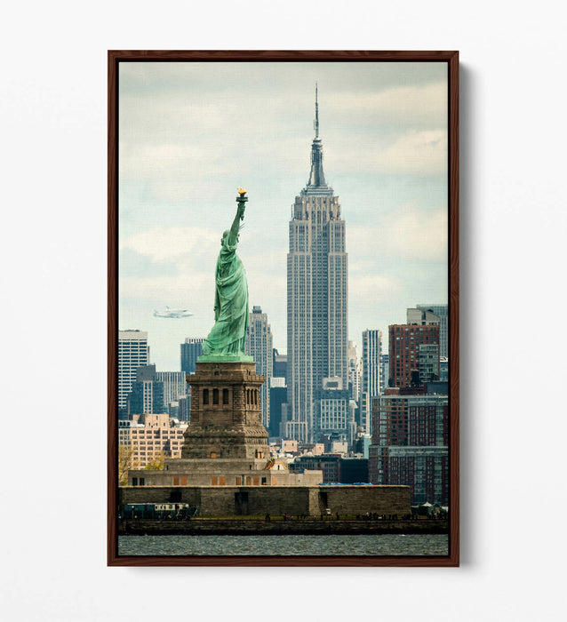 Float Effect Canvas Art - NYC Statue Of Liberty & Empire State Premium Print
