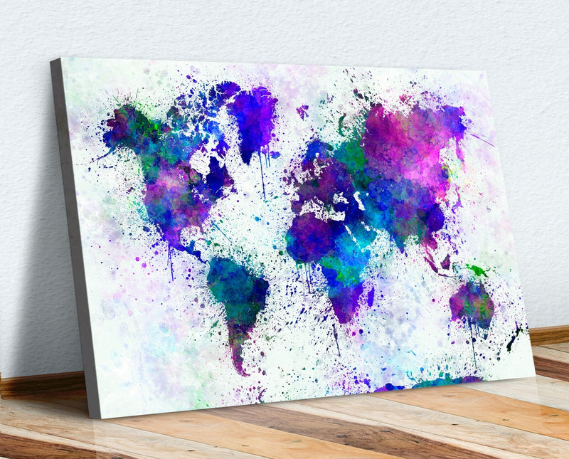 Blue Abstract World Map Canvas Wall Art - 30mm Deep Paint Splatter Artwork