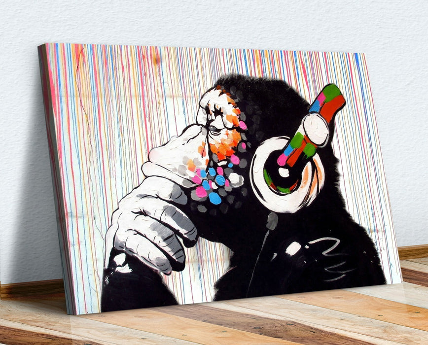BANKSY  DJ MONKEY COLOURED RAIN CANVAS WALL ART PRINT PICTURE ARTWORK GORILLA