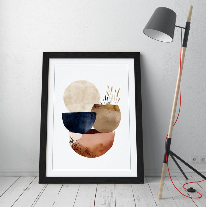 Boho Wall Art – Minimalist Shapes Framed Bedroom Print With Natural Wood Frame