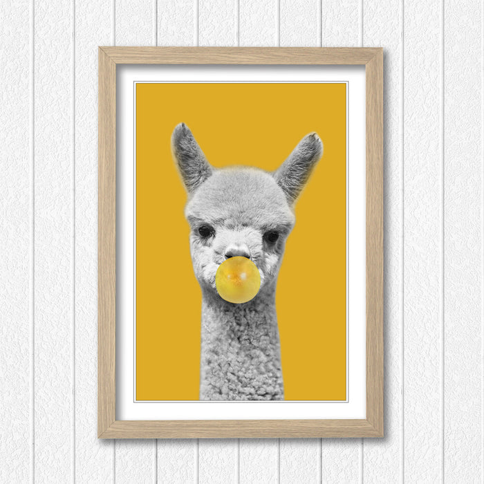 Framed Poster Wall Art – Happy Alpaca Print With Mustard Yellow Decor & Woodgrain Frame
