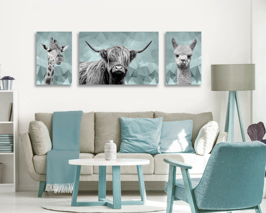 DUCK EGG BLUE ANIMAL GEO COLLECTION HIGHLAND COW GIRAFFE CANVAS WALL ART PRINT