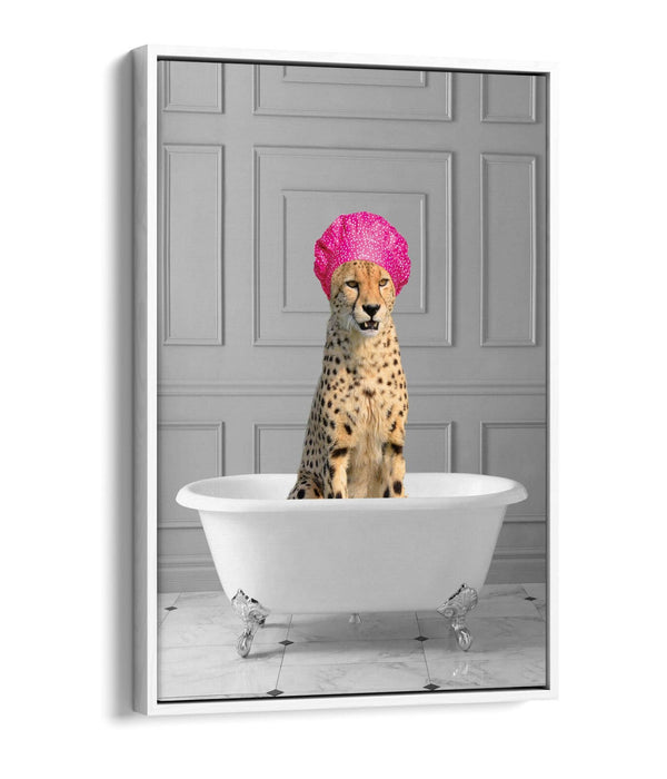 FUNNY CHEETAH IN BATHTUB -QUIRKY BATHROOM FLOAT EFFECT CANVAS WALL ART PIC PRINT