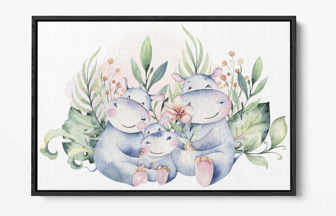 Watercolour Hippo Canvas - Cute Hippo Family Float Effect Canvas Wall Art