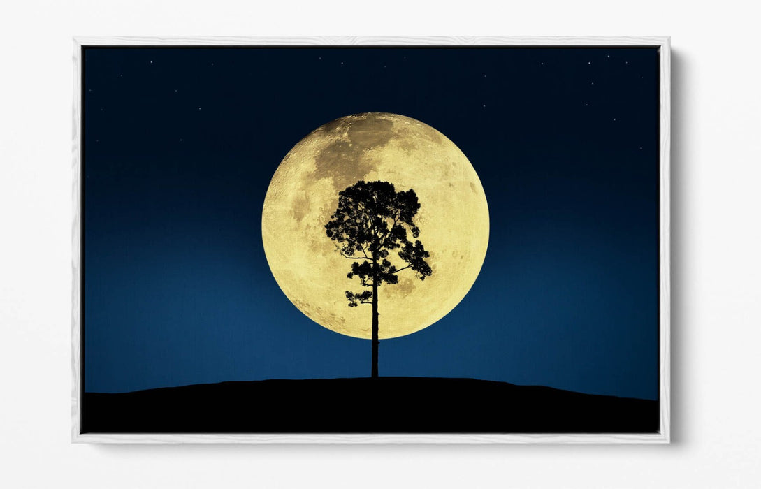Canvas Wall Art - Tree Silhouette Print With Big Moon | Blue Night Sky Decor