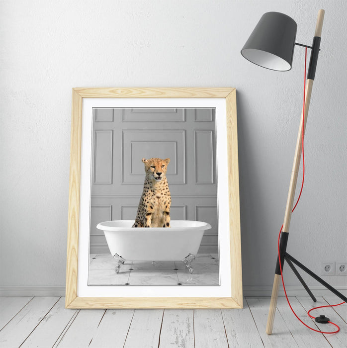 CHEETAH IN BATHTUB -QUIRKY ART FRAMED POSTER PICTURE PRINT BATHROOM ARTWORK