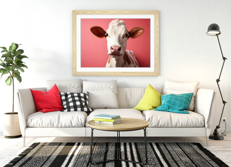 Cow Wall Art - Framed Close Up Print With Pink Background | Handmade UK Home Decor