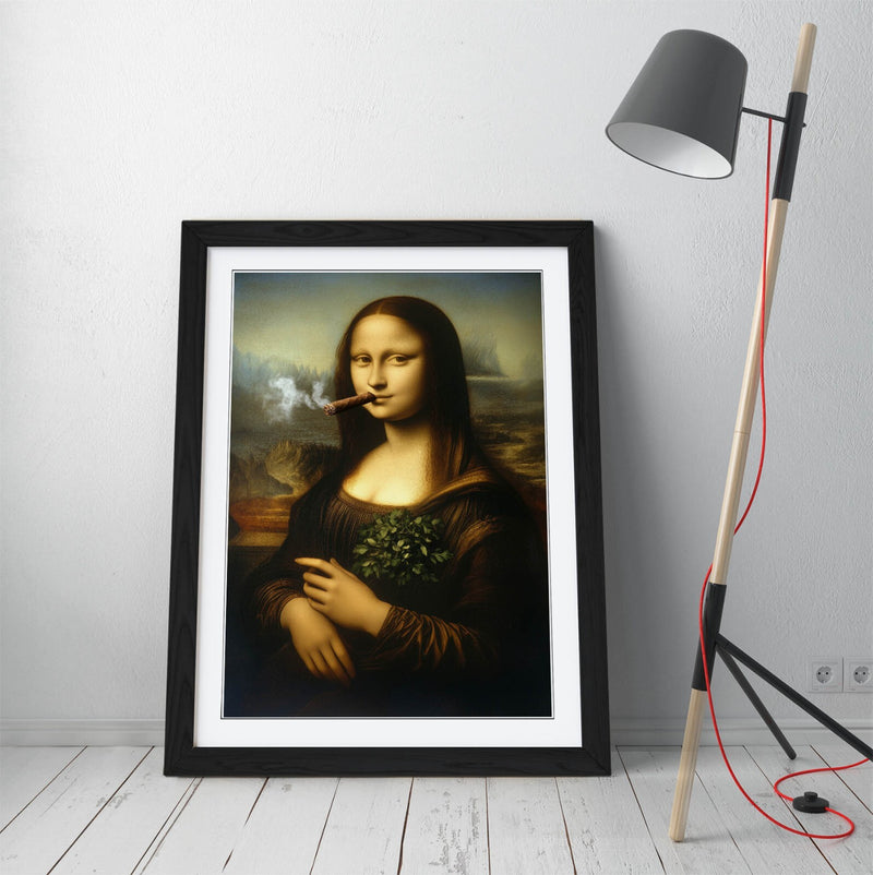 Framed Wall Art - Mona Lisa Smoking Cigar Funny Portrait Print With Woodgrain Frame