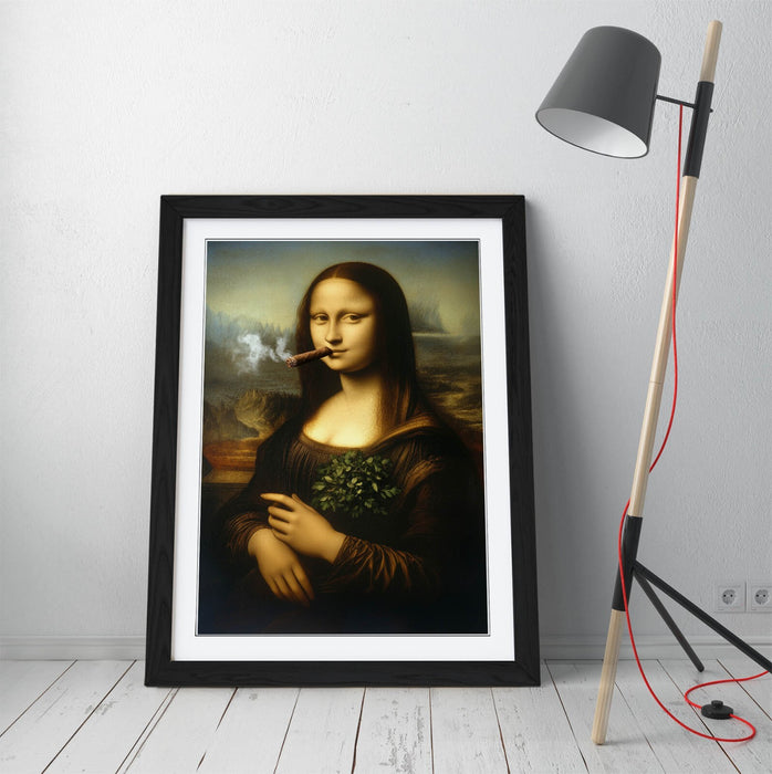 Framed Wall Art - Mona Lisa Smoking Cigar Funny Portrait Print With Woodgrain Frame