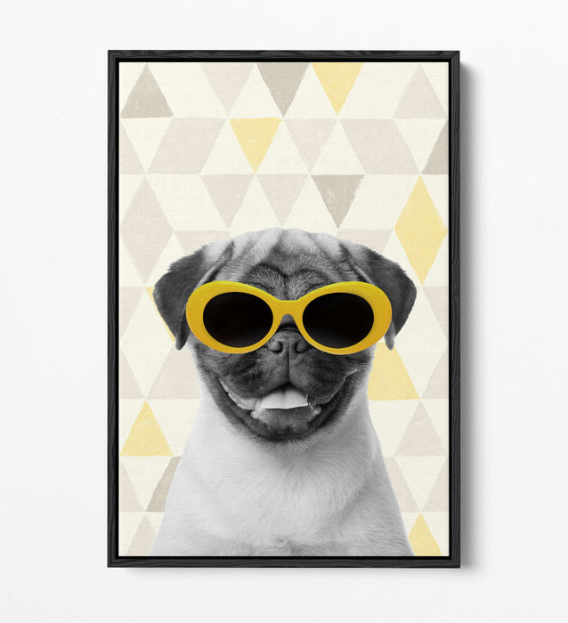 PUG SUNGLASSES YELLOW GREY -FLOAT EFFECT CANVAS WALL ART PIC PRINT- WHITE