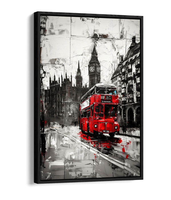 Canvas Wall Art - Black White Cityscape With Red Bus | Float Effect, Handmade UK