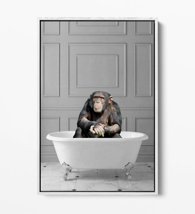 CHIMP IN BATHTUB -QUIRKY BATHROOM FLOAT EFFECT CANVAS WALL ART PIC PRINT