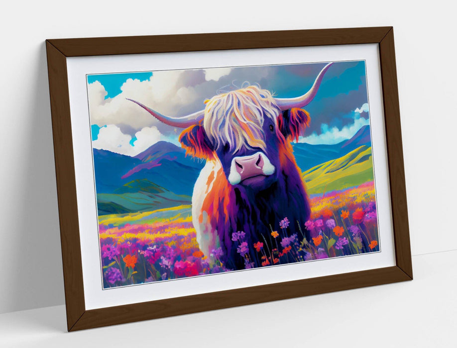 Highland Cow Wall Art – Colorful Landscape Poster With Natural Wood Frame