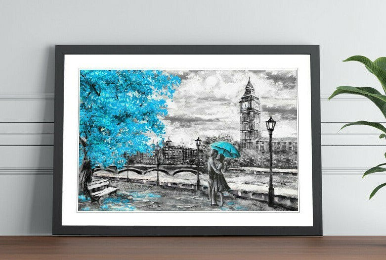 London Big Ben Grey Teal Umbrella Wall Art Picture Framed Poster Print 4 sizes