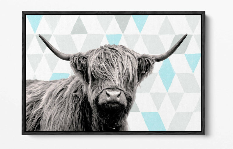 Canvas Wall Art - Highland Cow Geometric Turquoise Print | Float Effect, Handmade UK