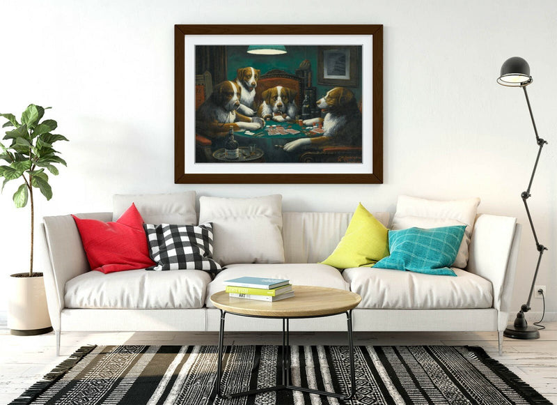 Dogs Playing Cards Art – Framed Poster Print With Wood Grain Frame & Matte Paper
