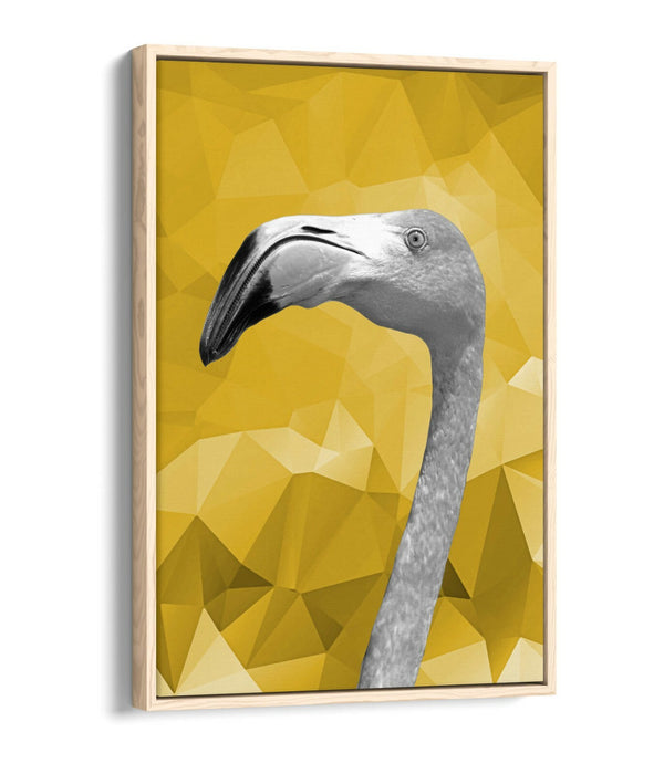 MUSTARD GEO FLAMINGO -FLOAT EFFECT CANVAS WALL ART PIC PRINT- BLACK & WHITE
