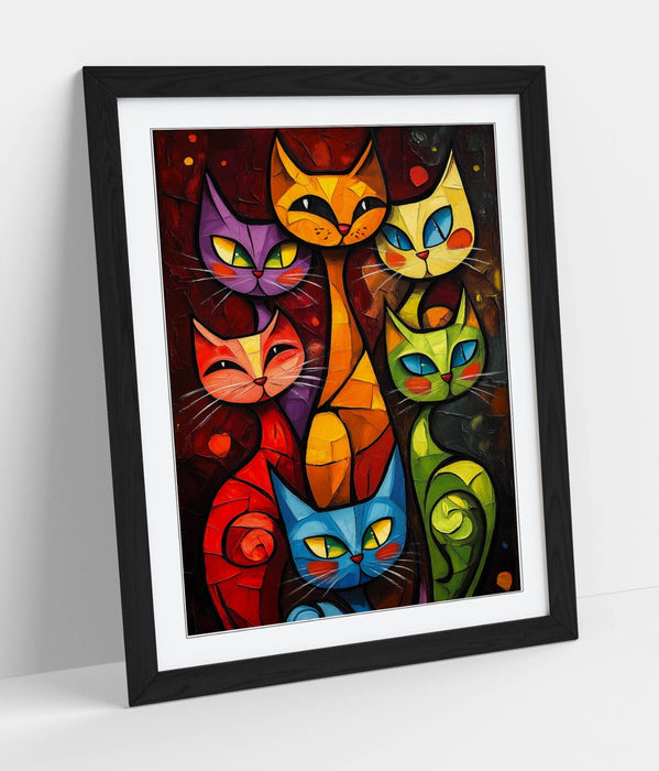 Framed Cat Wall Art - Colorful Abstract Cat Poster Print With Wood Grain Frame