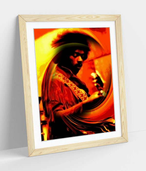 Jimi Hendrix Poster - Handmade UK Framed Wall Art With Yellow Swirl Artwork