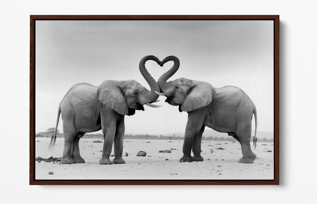 Canvas Wall Art - Black White Elephants Love Heart Float Effect Print