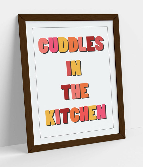"CUDDLES IN THE KITCHEN" HAPPY FUN QUOTE -FRAMED WALL ART PICTURE PRINT- ORANGE
