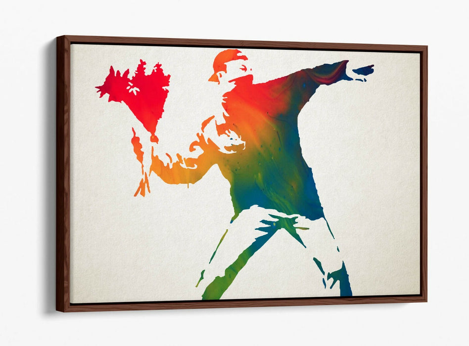 BANKSY, FLOWER THROWER RAINBOW -FLOAT EFFECT CANVAS WALL ART PRINT