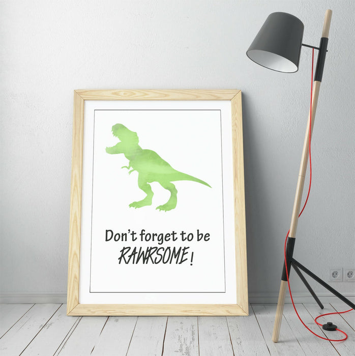 "RAWRSOME" DINOSAUR WATERCOLOR KIDS NURSERY QUOTE -FRAMED WALL ART PICTURE PRINT