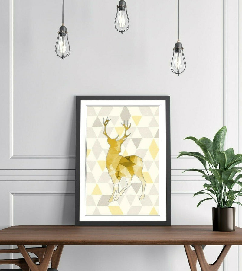 Framed Wall Art Print - Mustard Yellow Geometric Stag Artwork With Natural Wood Frame