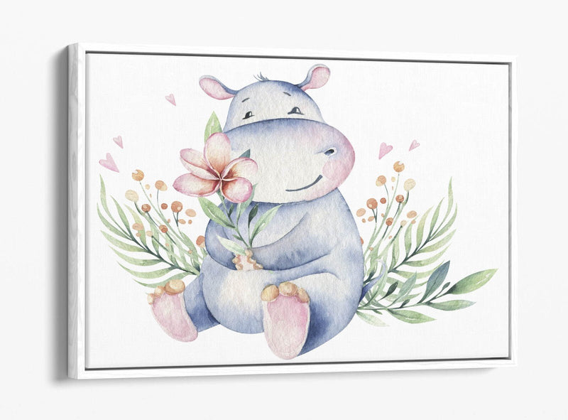 Watercolour Hippo Canvas - Cute Animal Print Floral Wall Art with Float Effect