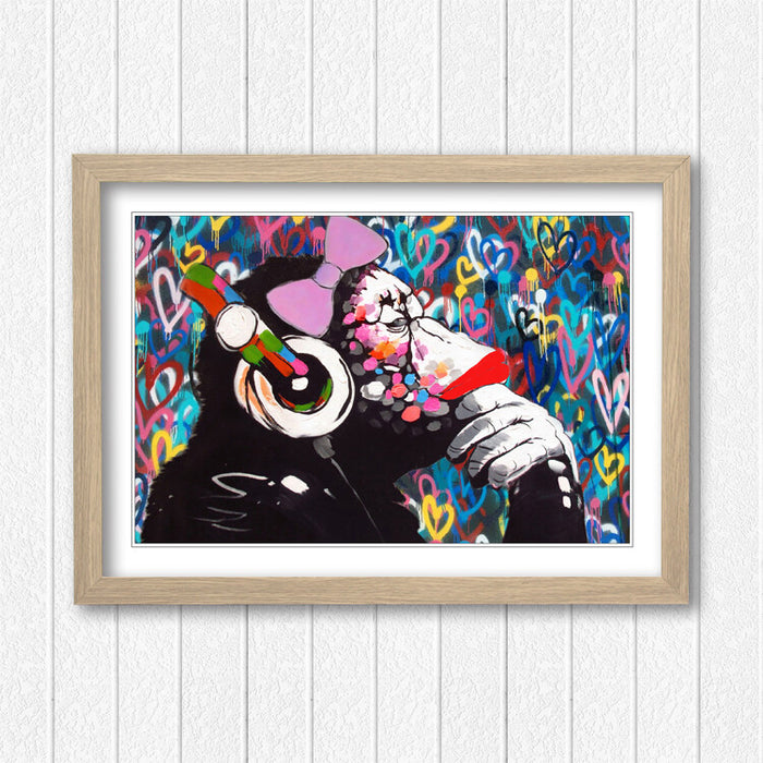 MONKEY DJ BANKSY FEMALE LOVE WALL STREET ART FRAMED POSTER PICTURE PRINT ARTWORK