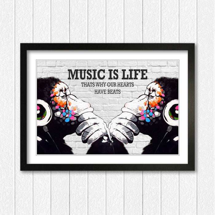 MONKEY DJ BANKSY STYLE MUSIC IS LIFE STREET FRAMED ART PRINT ARTWORK 4 SIZES MM