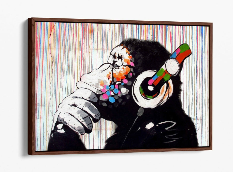 BANKSY DJ MONKEY RAIN -FLOAT EFFECT CANVAS WALL ART PIC PRINT- WHITE BLACK