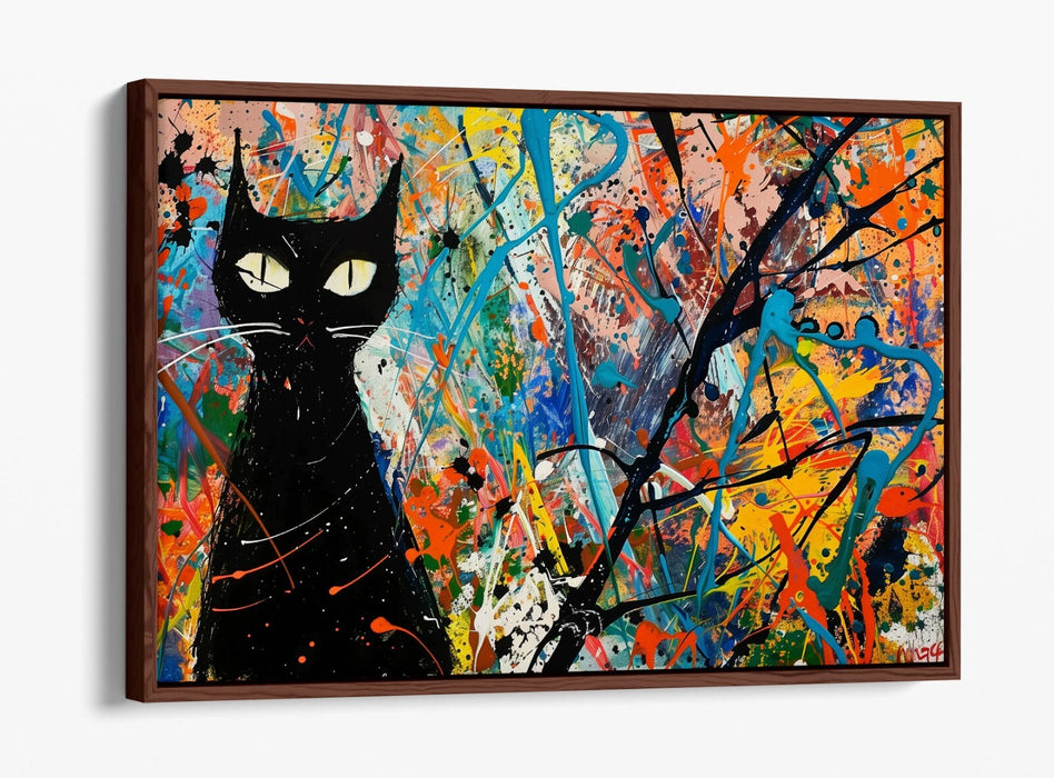 Black Cat Canvas Art – Jackson Pollock Style Float Effect Print on Premium Frame
